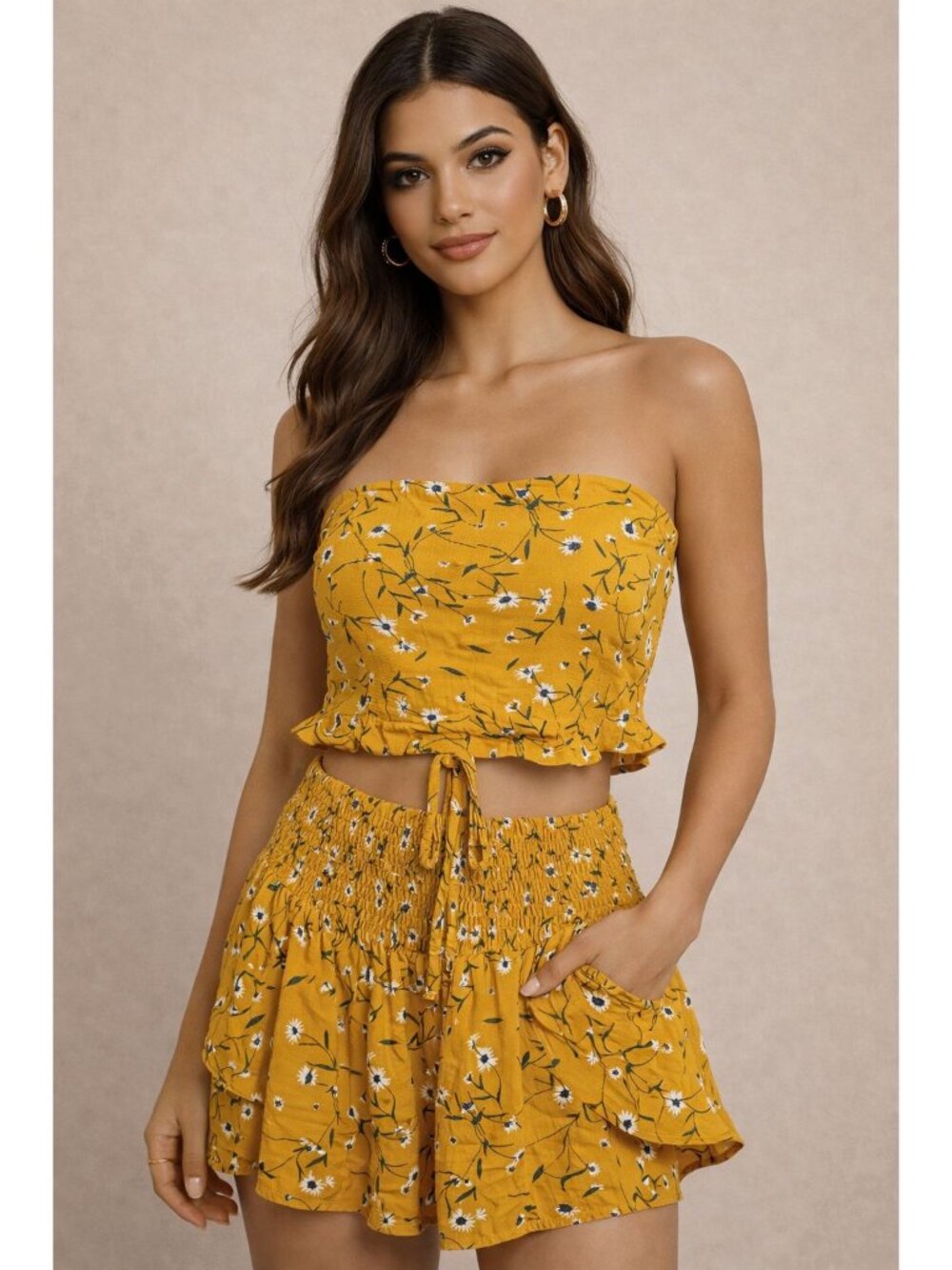 Zaful Bohemian Womens Medium Yellow Floral Print Two Piece Ruffled Mini Skirt
